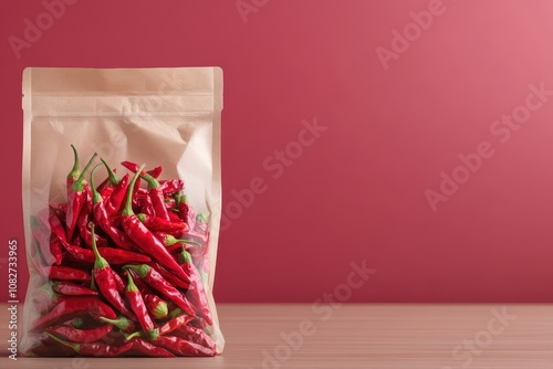 Modern Packaging Design Featuring Vibrant Red Indian Chillies in a Transparent Pouch on a Wooden Table Against a Solid Red Background photo