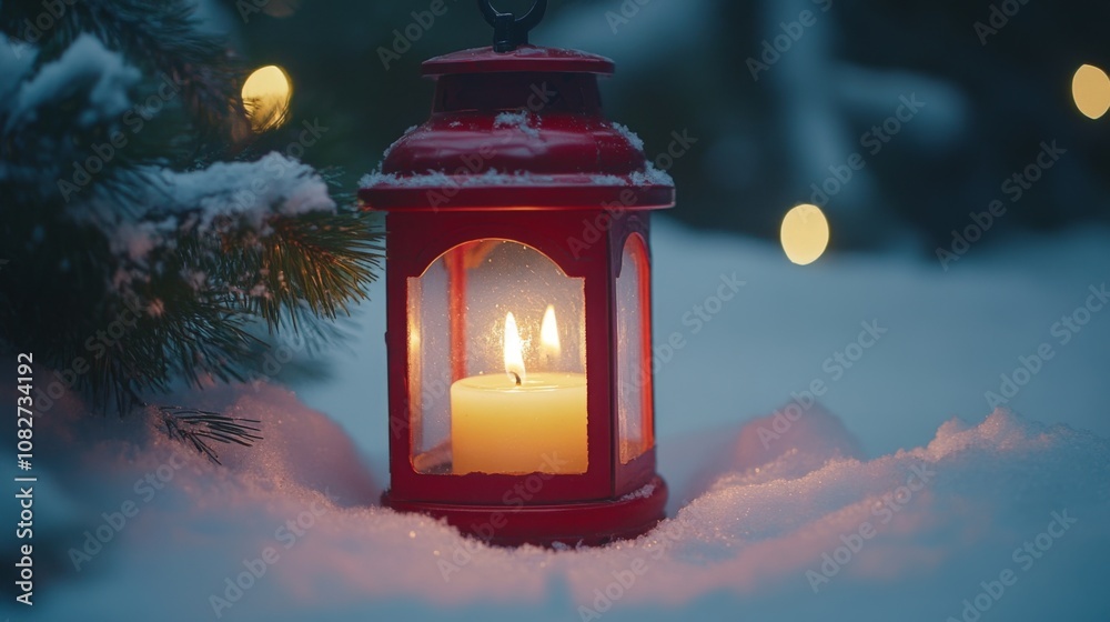 Red Lantern with a Lit Candle in the Snow Red Lantern with a Lit Candle in the Snow
