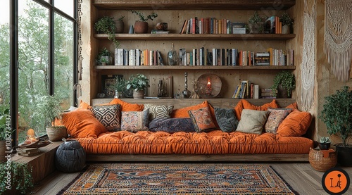 A rustic sofa with multicolored cushions and an intricate patterned rug, surrounded by wooden bookshelves filled with plants and books