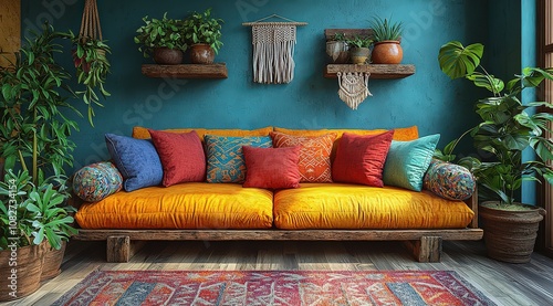 A rustic sofa with colorful cushions and patterns, set against an earthy background. The room is adorned with wooden furniture, plants in pots on shelves, and wall art
