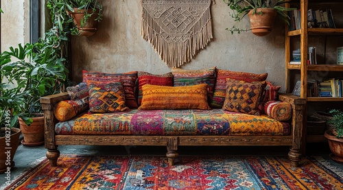 A rustic sofa with multicolored cushions and an intricate embroidered pattern, paired with wooden legs and a colorful rug in the living room.
