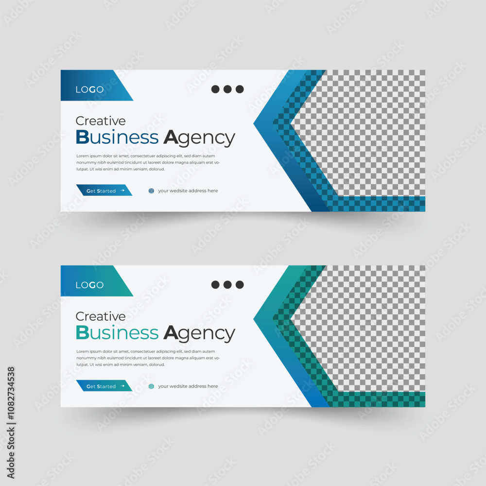 Naklejka premium Colorful professional business support agency web banner template design with image replacing area