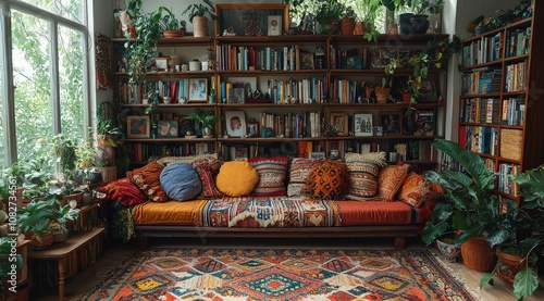 A rustic sofa with multicolored cushions and an intricate patterned rug, surrounded by wooden bookshelves filled with plants and books