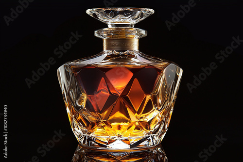 Cut crystal whiskey decanter with amber liquid. photo