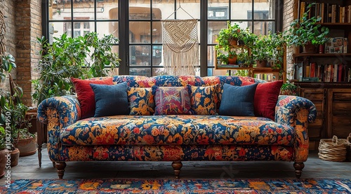 A rustic sofa with multicolored cushions and an intricate embroidered pattern, paired with wooden legs and a colorful rug in the living room.