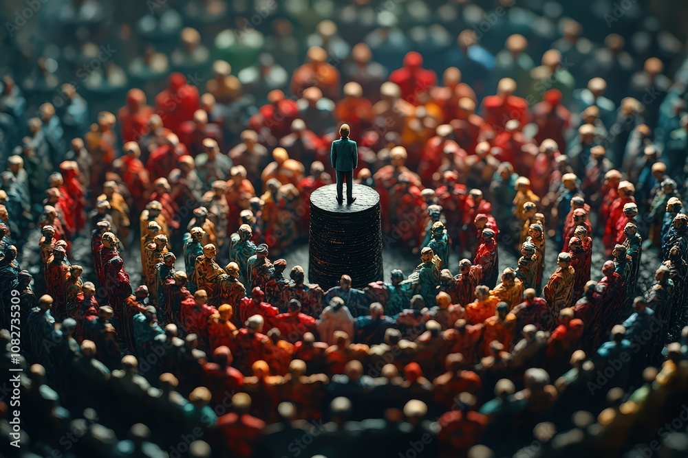 Obraz premium A small figure standing on top of the podium, surrounded by many people