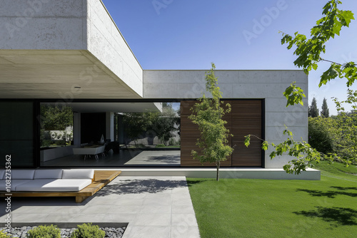 Air Conditioning Unit Mounted on a Stylish Modern House Wall photo