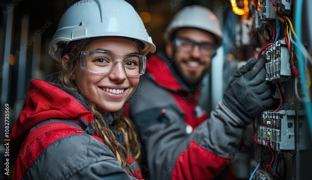 A smiling young electrician in a red and grey uniform with a white helmet is working on an electrical panel, while another electrician stands behind him. A smiling young electrician in a red and grey uniform with a white helmet is working on an electrical panel, while another electrician stands behind him.
