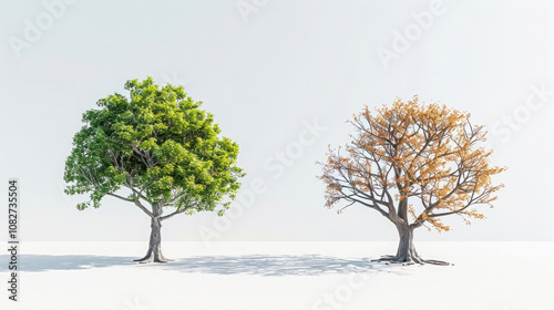 on a white background comparison of two trees, healthy chilly with green foliage, the second sick and dry, concept of rich and poor