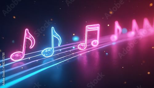 Retro neon music notes floating in dark space with 80s aesthetic