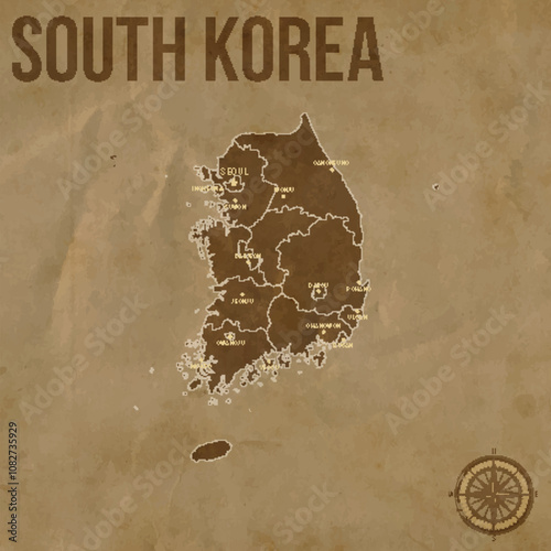 Vintage SOUTH KOREA Map with Regions Borders and Major Cities Positions