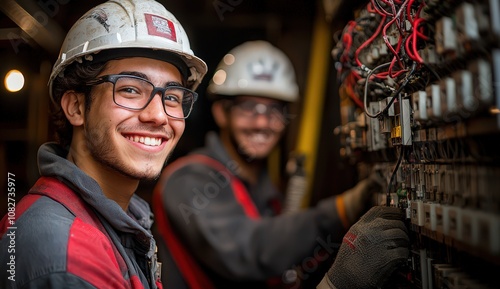 A smiling young electrician in a red and grey uniform with a white helmet is working on an electrical panel, while another electrician stands behind him.