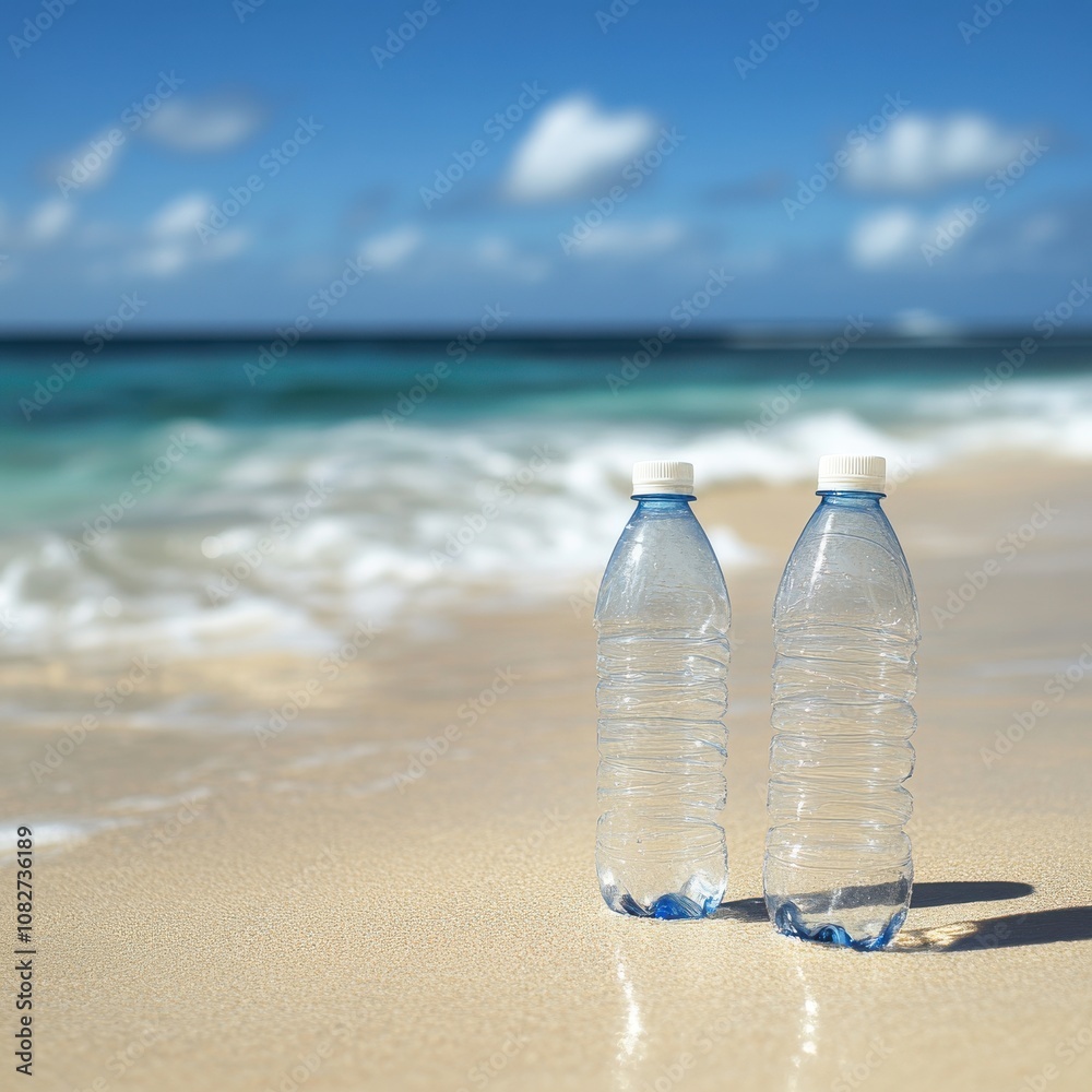Bottles Washed Up on a Beach with Ocean Background Bottles Washed Up on a Beach with Ocean Background