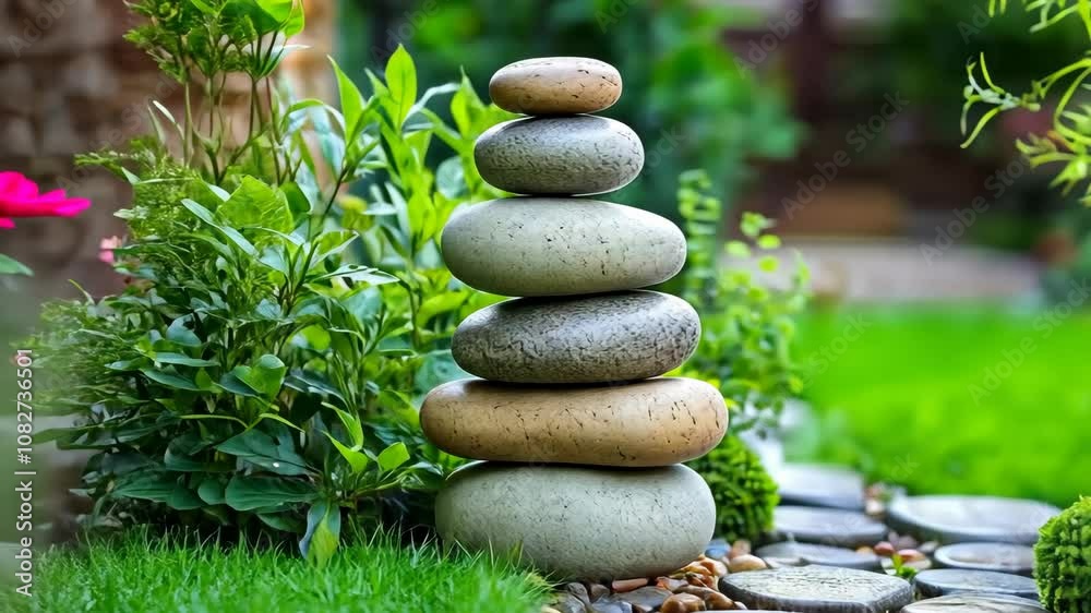 A stack of stones sits in a zen garden, surrounded by lush greenery