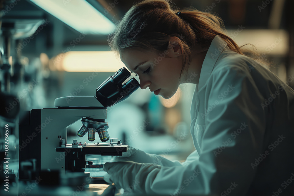 Focused female engineer examines specimen under microscope in laboratory setting Focused female engineer examines specimen under microscope in laboratory setting