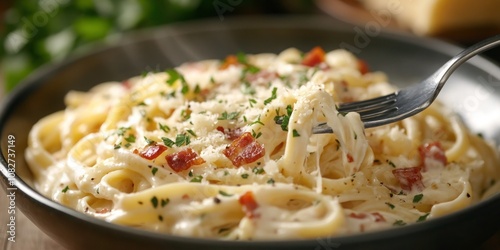 A plate of hot spaghetti, dressed with mayonnaise and garnished with herbs, as if radiating the warmth and comfort of home cooking. Created by AI. photo