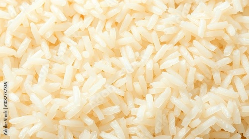 Close-up of cooked white rice grains showing their fluffy and soft texture, staple, background, food