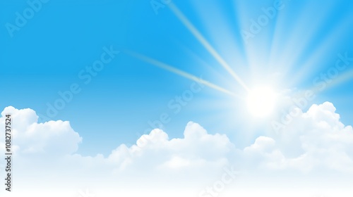 Bright Sun Shining Through Fluffy White Clouds in a Blue Sky