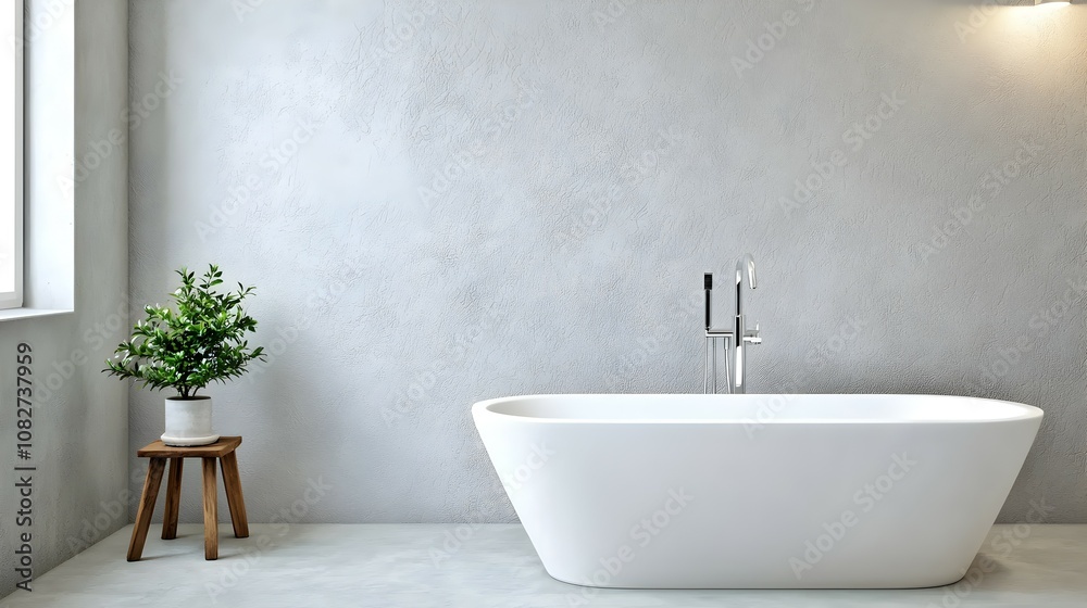 Bright and Minimalist Modern Bathroom Design - Serene White Tub Against Grey Textured Wall with Green Plant and Sleek Fixtures for a Calming Atmosphere Bright and Minimalist Modern Bathroom Design - Serene White Tub Against Grey Textured Wall with Green Plant and Sleek Fixtures for a Calming Atmosphere