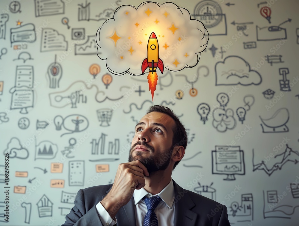 Present an idea a thoughtful businessman thinks about his ambitious vision with a rocket flying above his head on the background of strategic planning doodles. Present an idea a thoughtful businessman thinks about his ambitious vision with a rocket flying above his head on the background of strategic planning doodles.