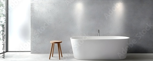 Serene Modern Minimalist Bathroom Design - Stylish White Bathtub with Textured Grey Wall and Natural Light