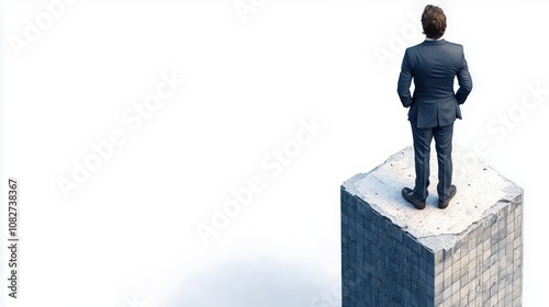 A forward-thinking entrepreneur standing atop a skyscraper, envisioning future market success.