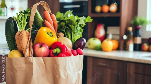 Fresh vegetables and fruits in a paper bag placed on a kitchen counter with colorful ingredients in the background