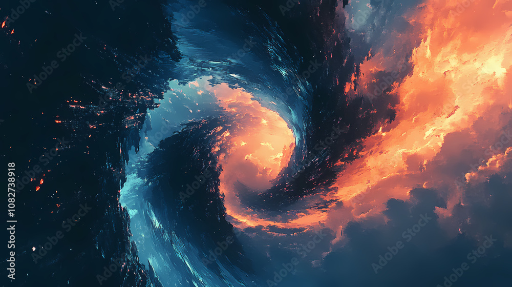 A dynamic whirlwind of blue and orange lights, swirling together in a tunnel-like path, evoking speed, energy, and the feel of a high-octane abstract journey. Whirlwind. Illustration A dynamic whirlwind of blue and orange lights, swirling together in a tunnel-like path, evoking speed, energy, and the feel of a high-octane abstract journey. Whirlwind. Illustration
