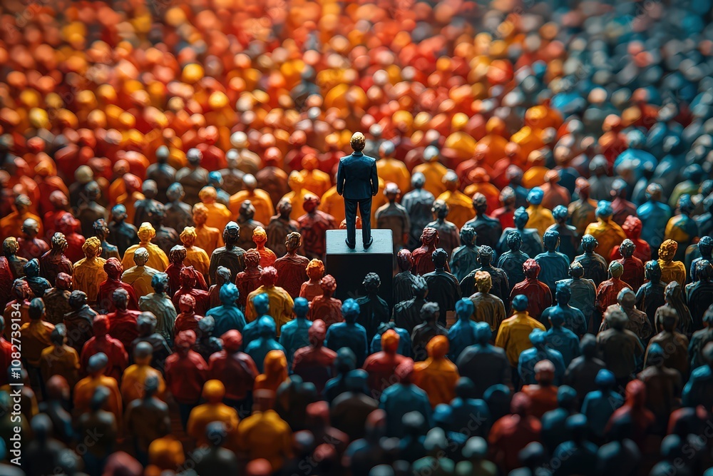 Obraz premium A person standing on top of the podium, speaking to an audience made up entirely of small people figures in different colors