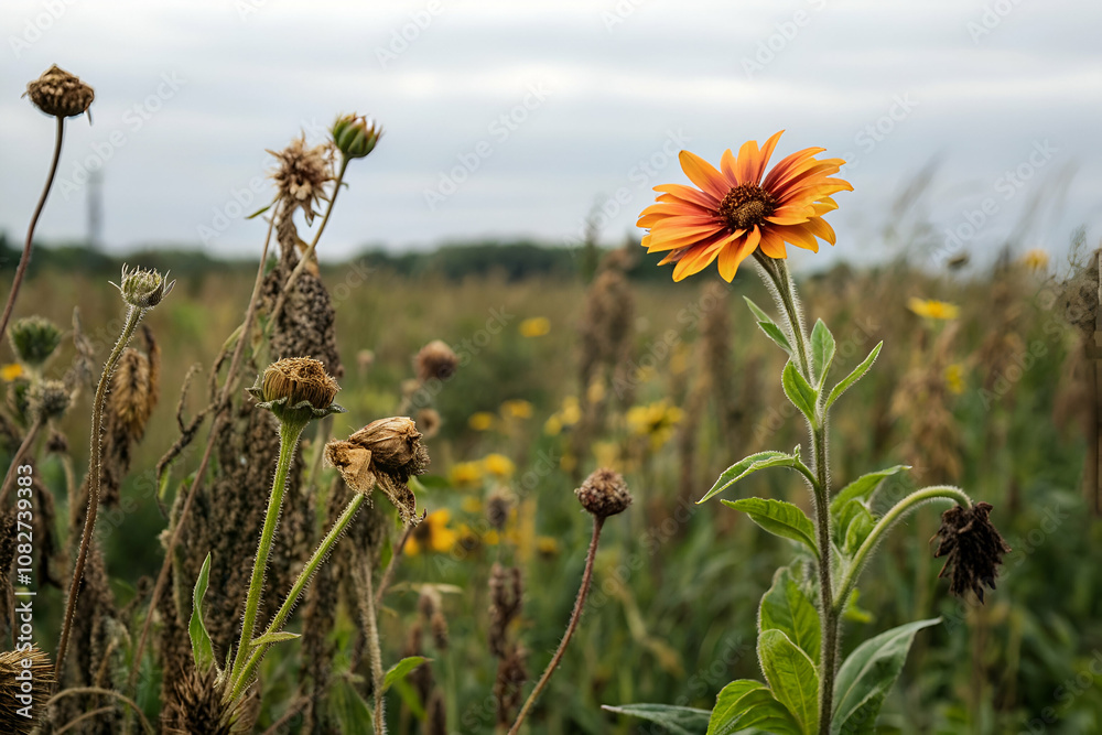 Obraz premium A vibrant flower stands out amidst a field of wilted plants under a cloudy sky, showcasing nature's resilience and beauty.