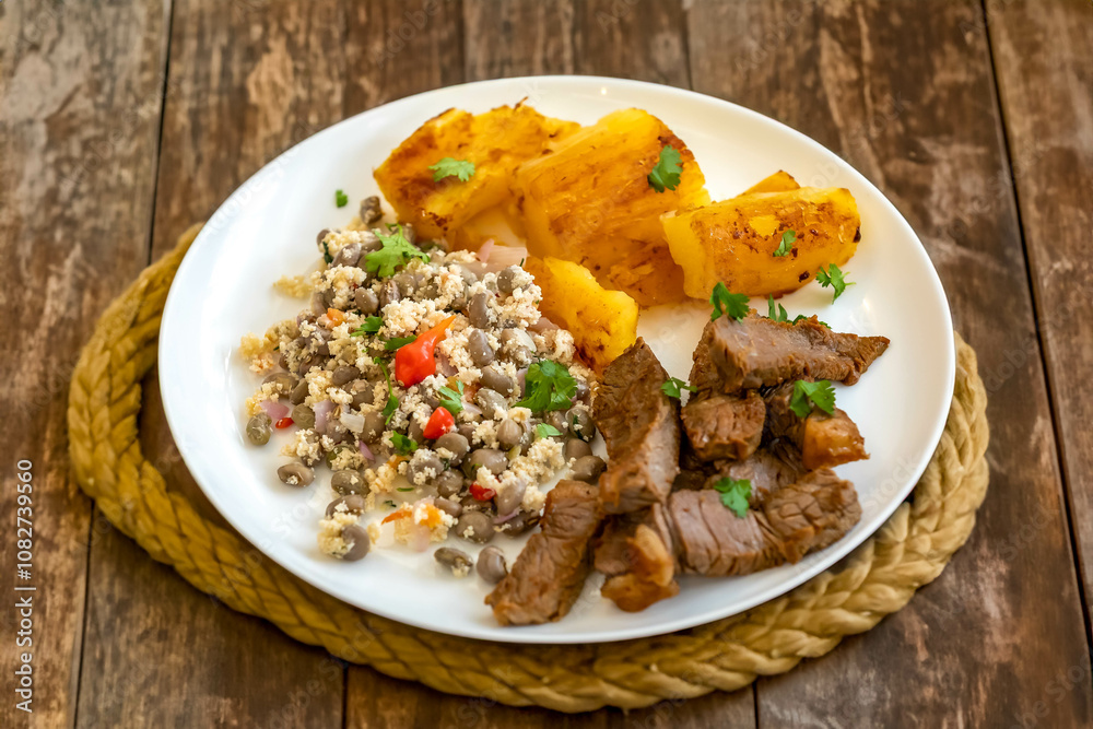 Traditional rustic tropical Brazilian dish, sun-dried beef with green beans, cassava, biquinho pepper. Creative rustic photography Traditional rustic tropical Brazilian dish, sun-dried beef with green beans, cassava, biquinho pepper. Creative rustic photography