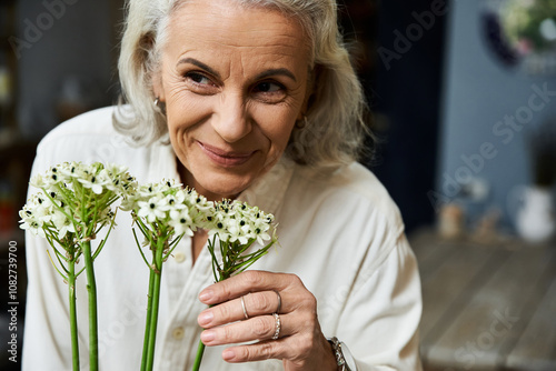 A joyful mature woman enjoys the fragrance of beautiful flowers in her hands, radiating happiness.