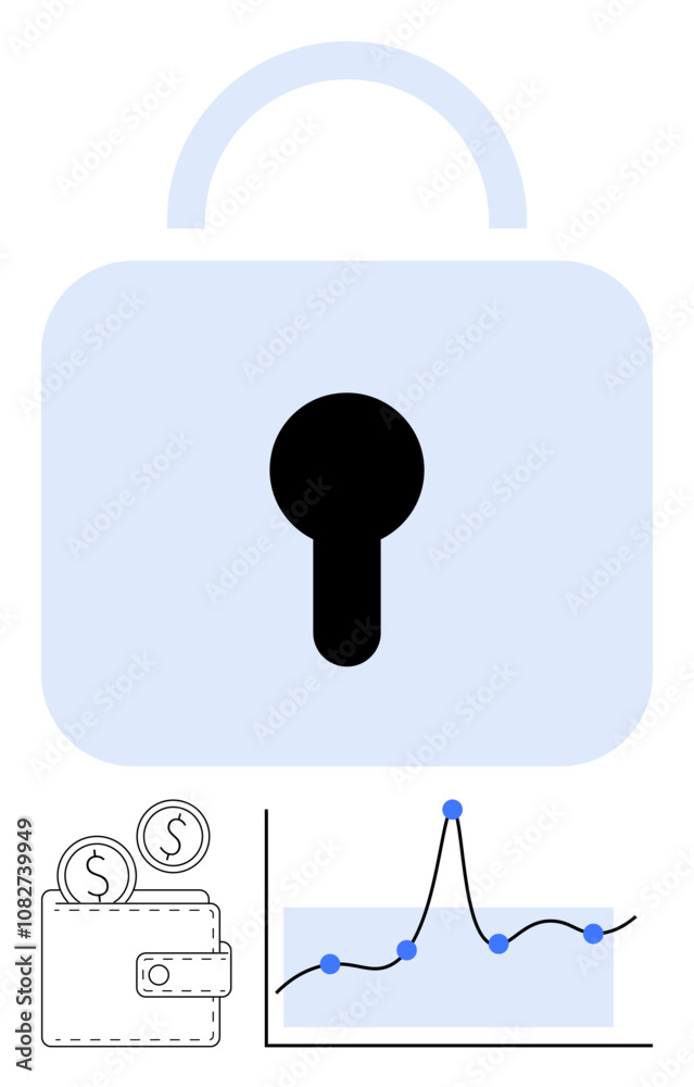 Obraz premium Padlock wallet with coins and financial graph combine themes of security finance, investment, analysis, protection, digital assets. Ideal for fintech, cybersecurity, investment advice, digital