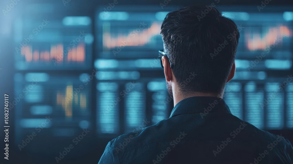 Businessman analyzing sales growth graph on multiple screens in office meeting room Businessman analyzing sales growth graph on multiple screens in office meeting room