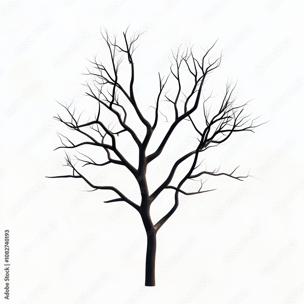 Isolated Oak Tree with Stark Branches in a Minimalist Composition, Highlighting the Absence of Leaves Against a Plain Background Isolated Oak Tree with Stark Branches in a Minimalist Composition, Highlighting the Absence of Leaves Against a Plain Background