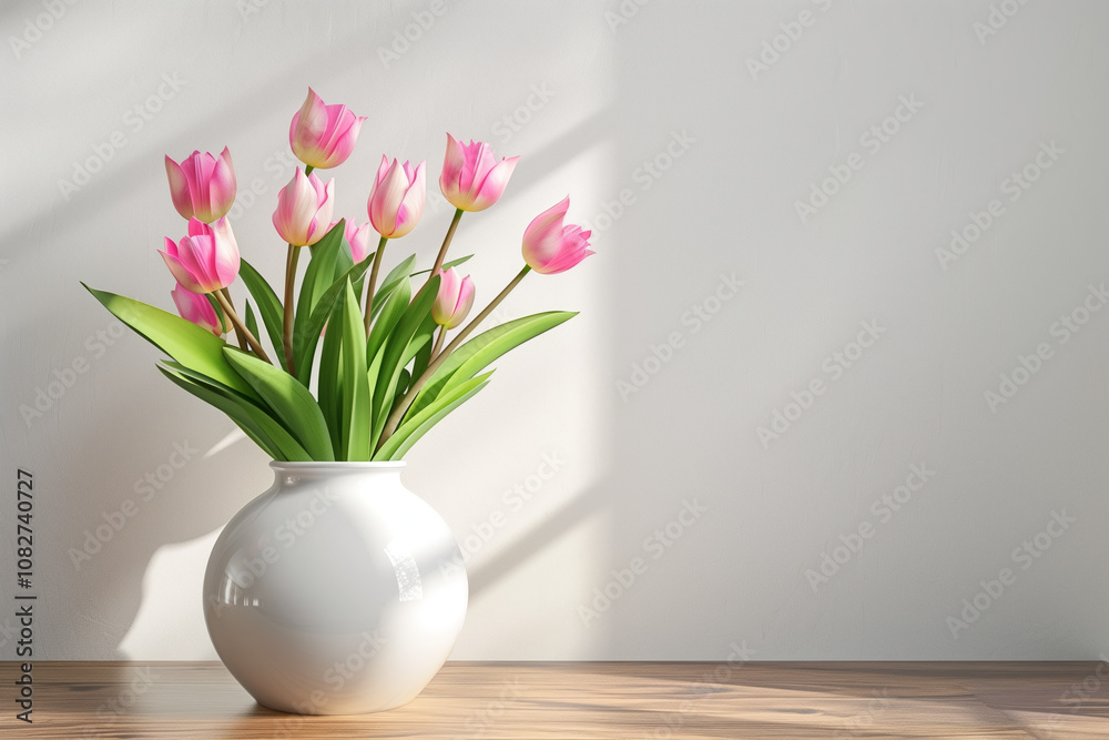 Pink tulips in a white vase on a wooden table against a white wall background. Pink tulips in a white vase on a wooden table against a white wall background.