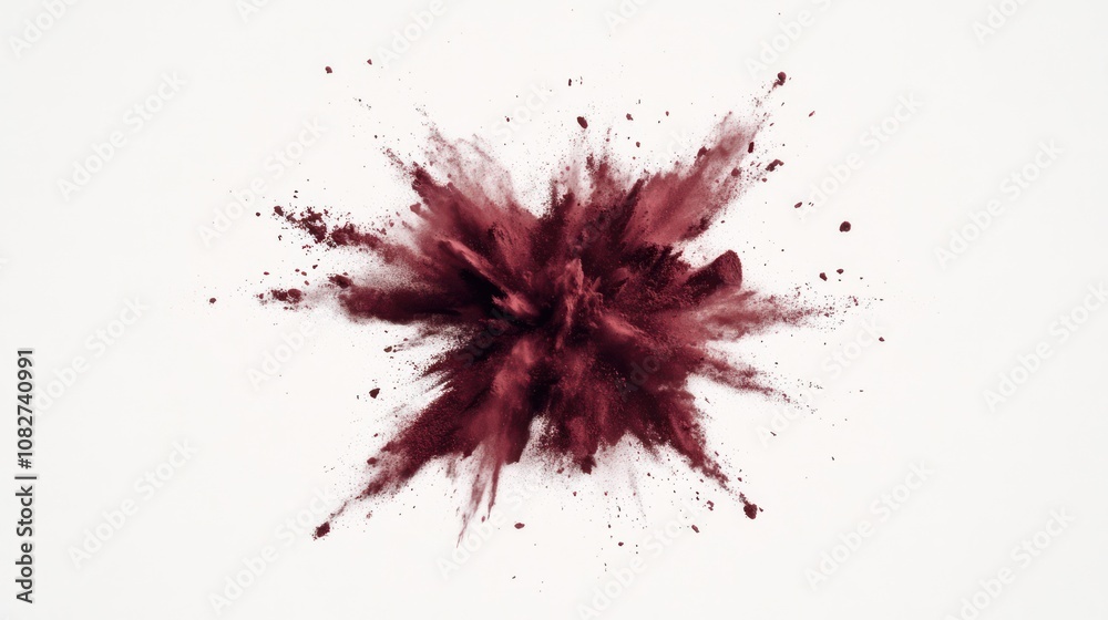 Burgundy Powder Explosion Isolated on White Background. Abstract Burst of Dust Particles for Creative Design. Burgundy Powder Explosion Isolated on White Background. Abstract Burst of Dust Particles for Creative Design.