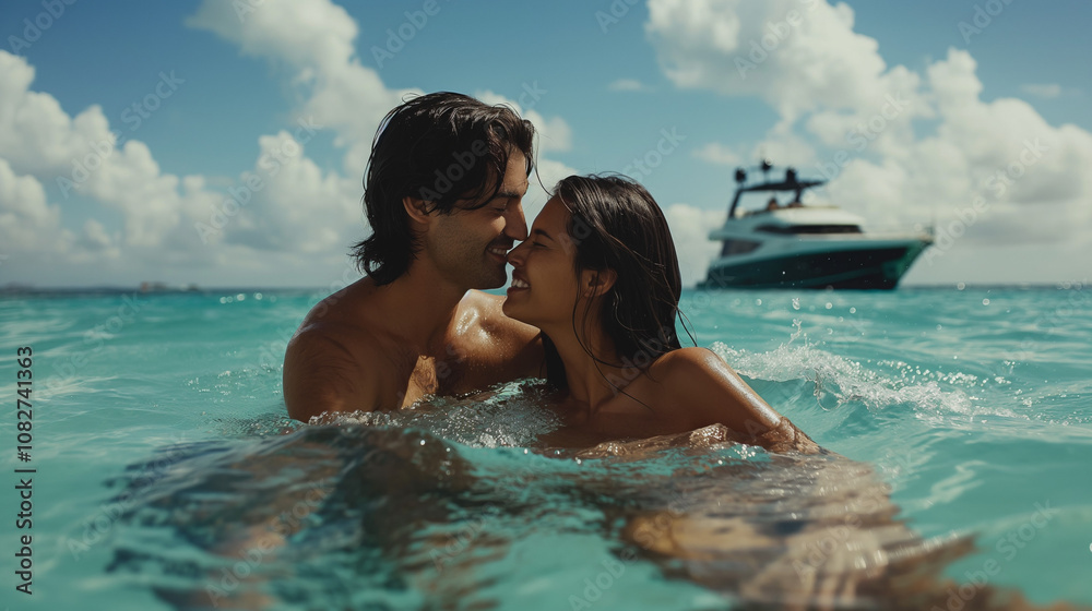 Couple swimming in ocean with luxury boat in the background. Couple swimming in ocean with luxury boat in the background.