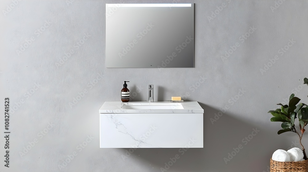Modern Upgraded Bathroom with Seamless Vanity - Inviting Layout Featuring Marble Sink Soft LED Lighting and Natural Wood Accents for a Cozy Minimalist Atmosphere Modern Upgraded Bathroom with Seamless Vanity - Inviting Layout Featuring Marble Sink Soft LED Lighting and Natural Wood Accents for a Cozy Minimalist Atmosphere