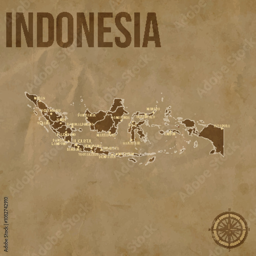 Vintage INDONESIA Map with Regions Borders and Major Cities Positions