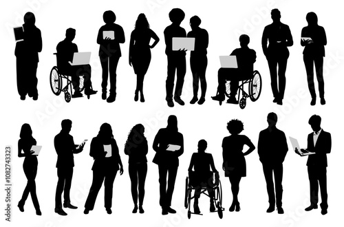 Silhouettes of diverse business people standing, using gadgets, men, women, disabled persons in wheelchair with laptop, phones, tablets. Vector illustration on transparent background.