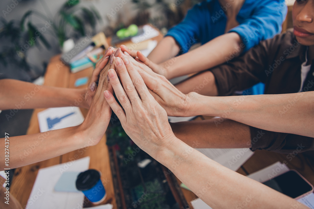 Cropped portrait of team ambitious business women pile stack handshake modern interior office indoors Cropped portrait of team ambitious business women pile stack handshake modern interior office indoors