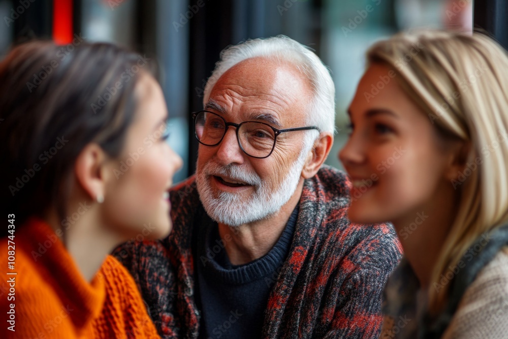 A warm gathering of generations captured in a lively moment. Two young women engage with an older man. The joy of conversation shines through. Generative AI A warm gathering of generations captured in a lively moment. Two young women engage with an older man. The joy of conversation shines through. Generative AI
