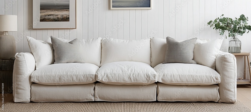Comfortable Modular Sofa with Pillows in a Cozy Living Room Setting. Minimalist Interior Design.