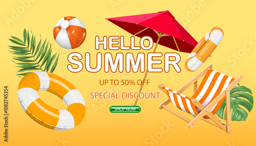 summer objects flying on  the yellow background.hello summer concept up to 50% off special discount,bonus,offer concept sale banner vector illustration.