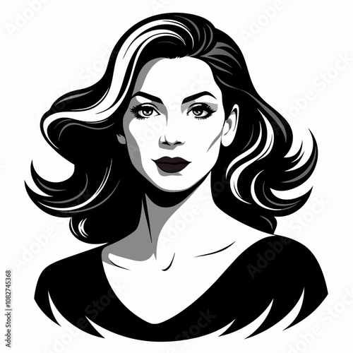 Elegant Black and White Woman Portrait with Flowing Hair. Beauty hair silhouette.