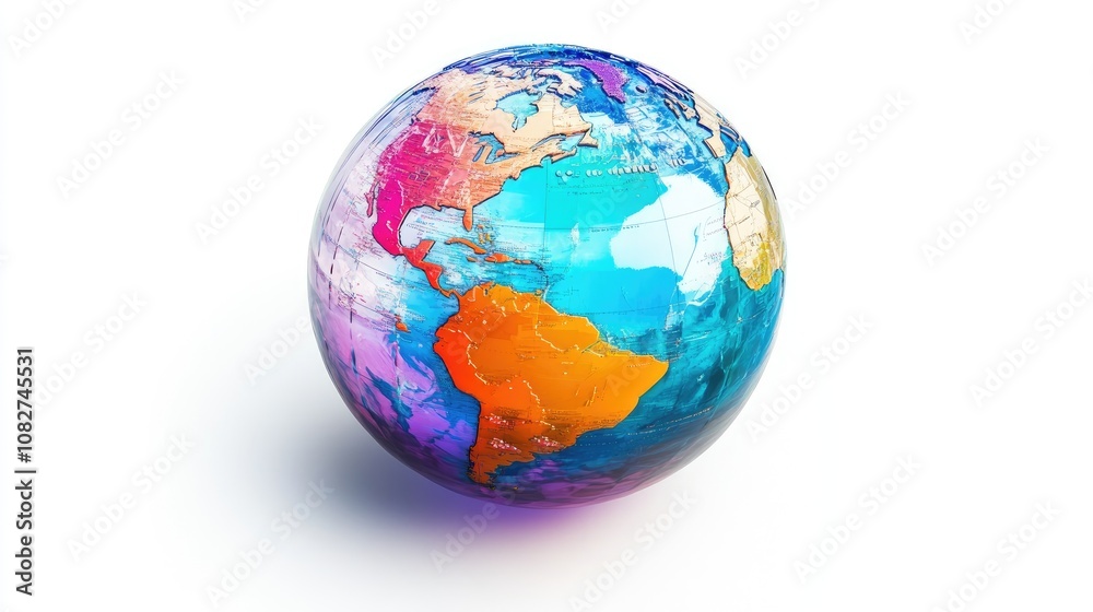 Fototapeta premium Transparent holographic globe highlighting shipping hubs flat design top view maritime theme water color Triadic Color Scheme