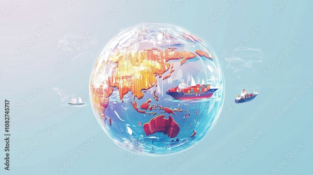Obraz premium Transparent holographic globe highlighting shipping hubs flat design top view maritime theme water color Triadic Color Scheme