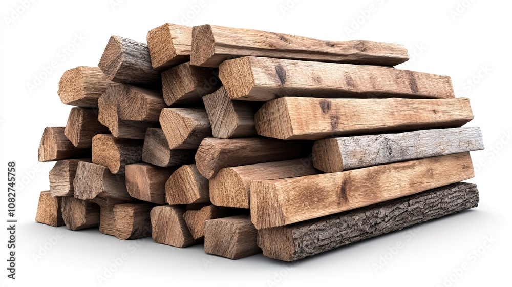A stacked pile of wooden logs, showcasing various textures and colors typical of natural timber, isolate on white background. A stacked pile of wooden logs, showcasing various textures and colors typical of natural timber, isolate on white background.