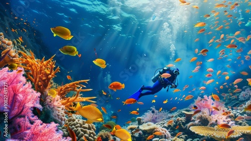 An exhilarating scuba diving adventure in a vibrant coral reef, Diving gear prepared for underwater exploration, Coral reef exploration style